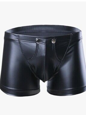 NWOT Men's Black Faux Leather Shorts / Swim Trunks with Snap Fly Vegan Med BS67